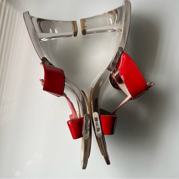 Michael Kors• Red Leather Sandals Platform Heels Silver Buckled Clear Heel - Picture 9 of 13